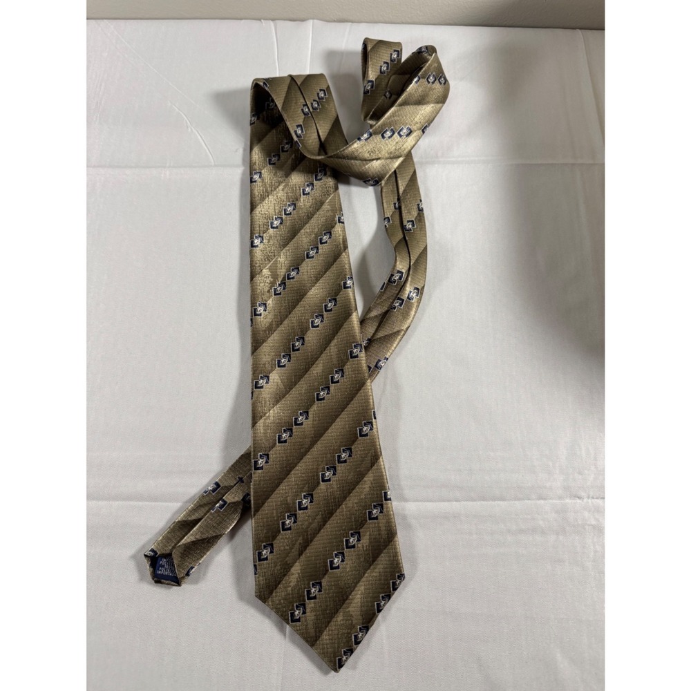 Don Loper Beverly Hills Mens Tie Olive Gold Geometric Navy Stripe Polyester